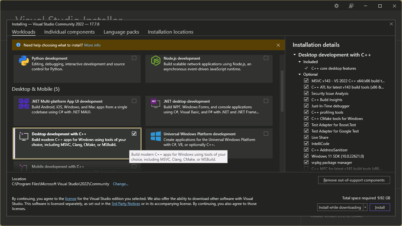 Installation settings for Visual Studio