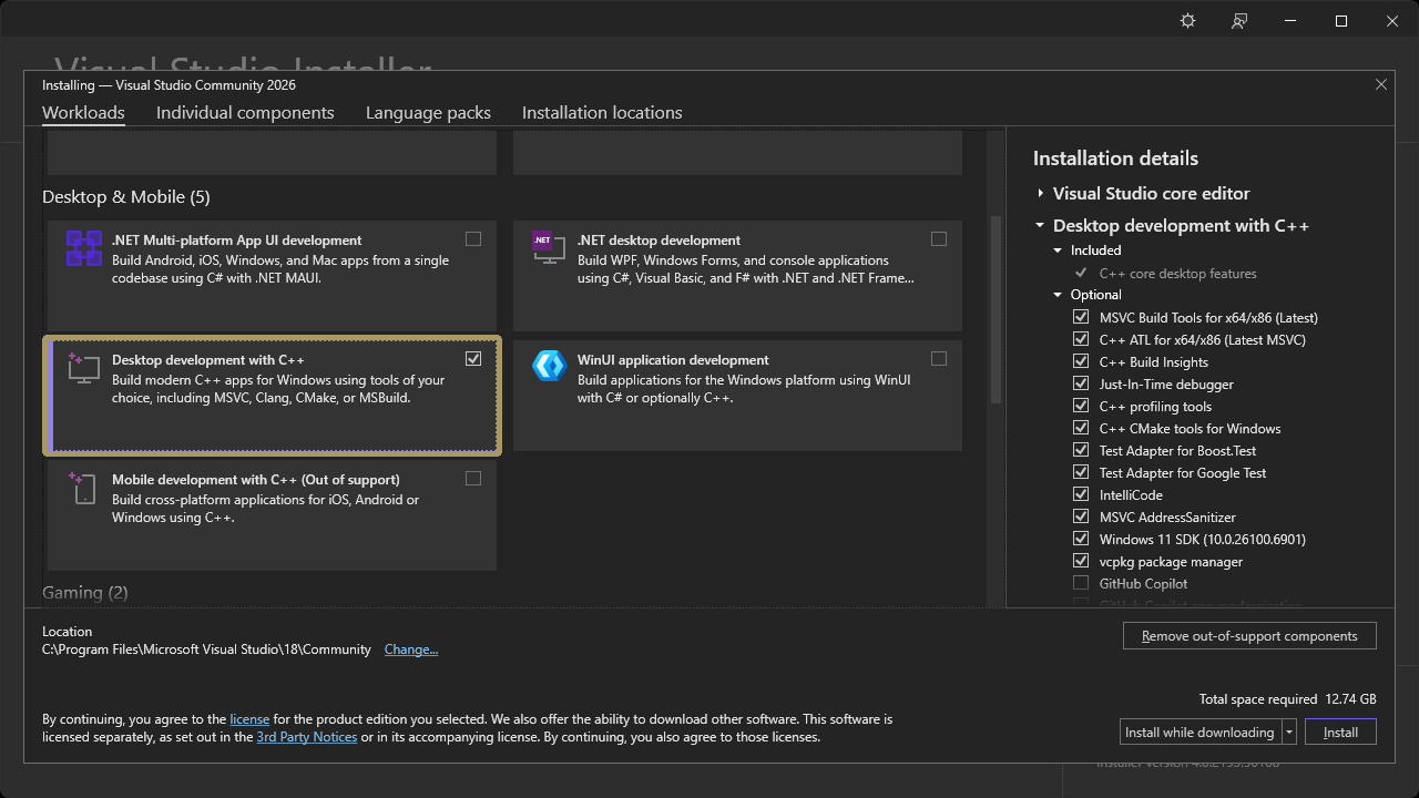 Installation settings for Visual Studio
